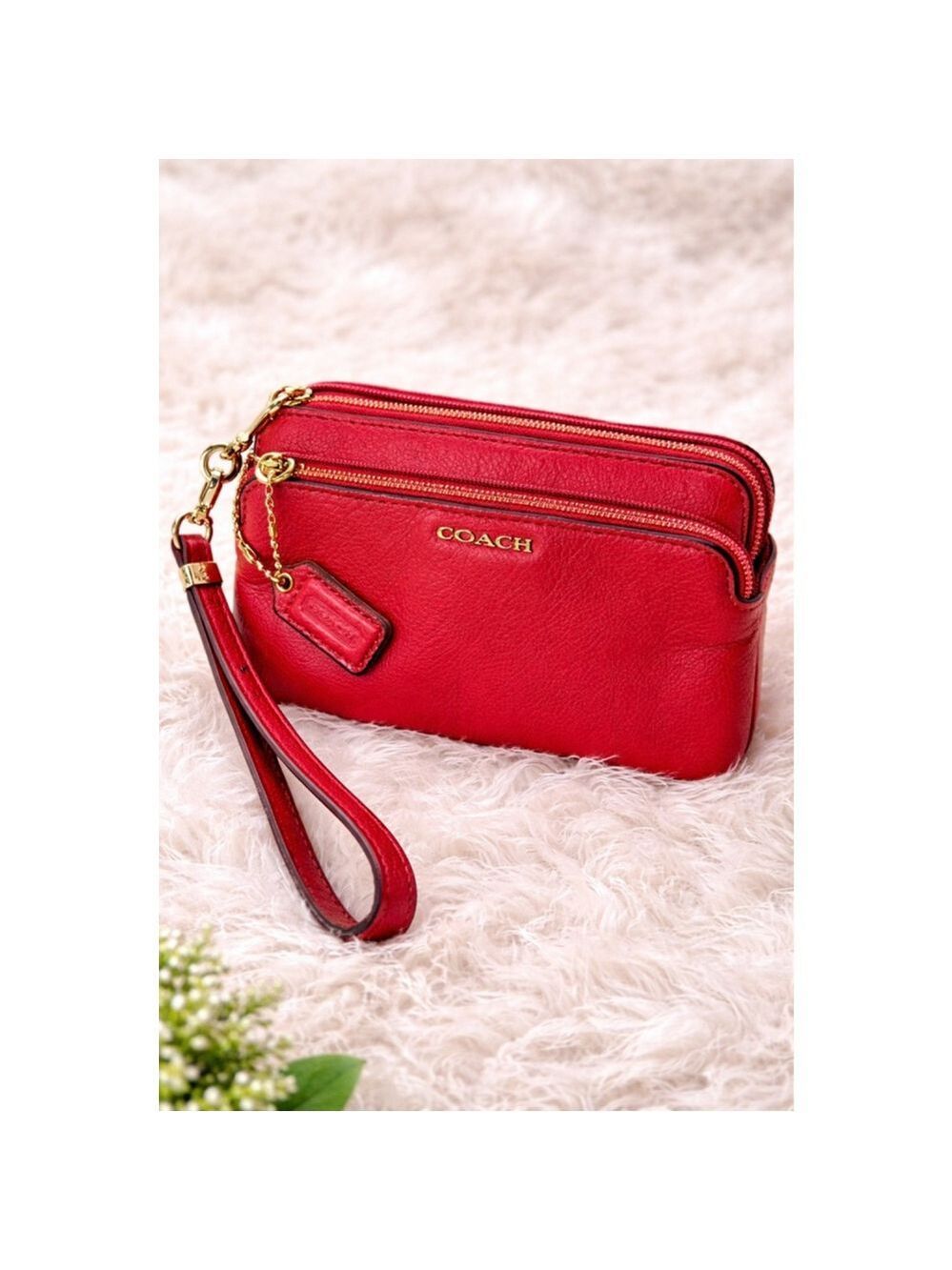 Coach Red Leather Wristlet Double Zip Clutch Wallet